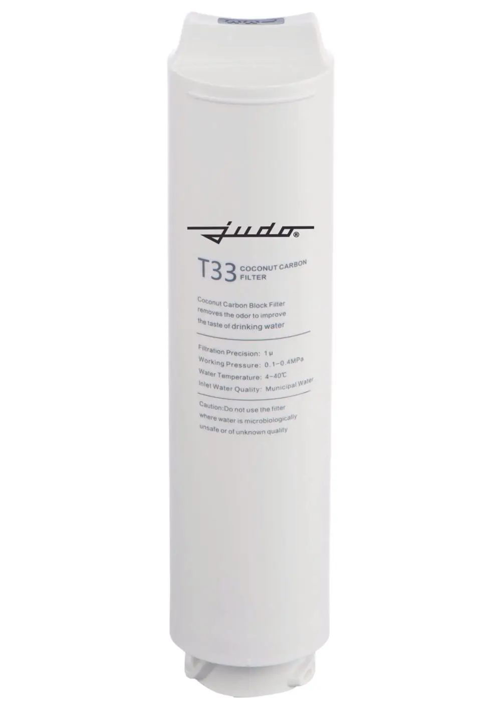 Weißer Filter mit der Aufschrift „Judo T33 Coconut Carbon Filter“. Angaben zu Filtrationsgenauigkeit, Druck, Wassertemperatur und nutzen für Trinkwasserqualität.